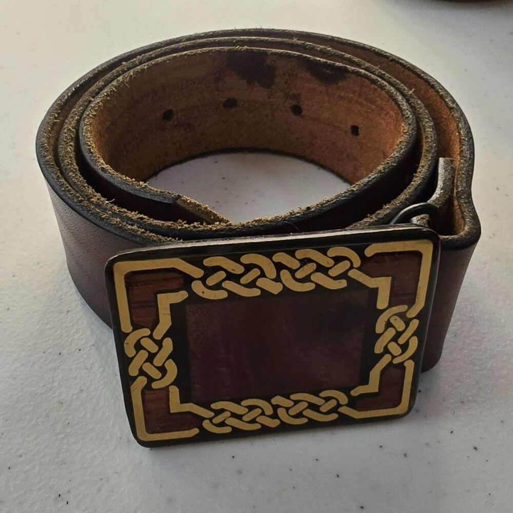 Vintage Harmony Metal Solid Brass Belt Buckle with Belt Wood Inlay